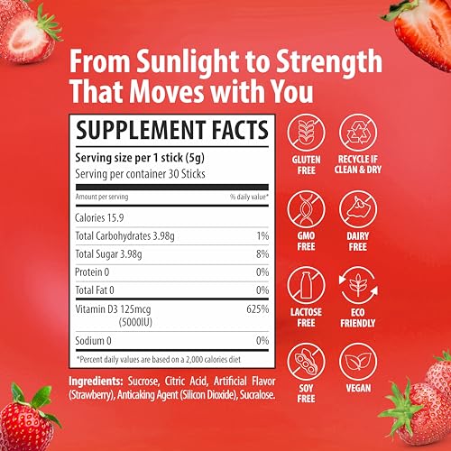 Image of Sainebio Nano Vitamin D3 | 30 Sachets, 600 IU High Absorption | Supports Immunity, Bone Strength, Mood & Vitality | Travel-Friendly Daily Supplement (30 Sachets, Stawberry)
