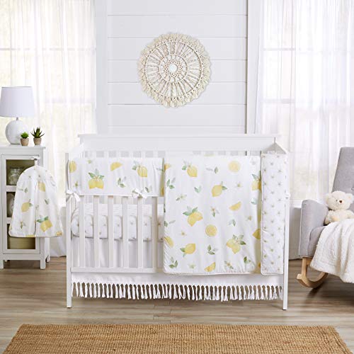 Sweet Jojo Designs Lemon Floral Baby Girl Nursery Crib Bedding Set - 5 Pieces - Yellow Green Beige White Watercolor Boho Bohemian Farmhouse Fruit Flower Blossom Botanical Leaf Tassle
