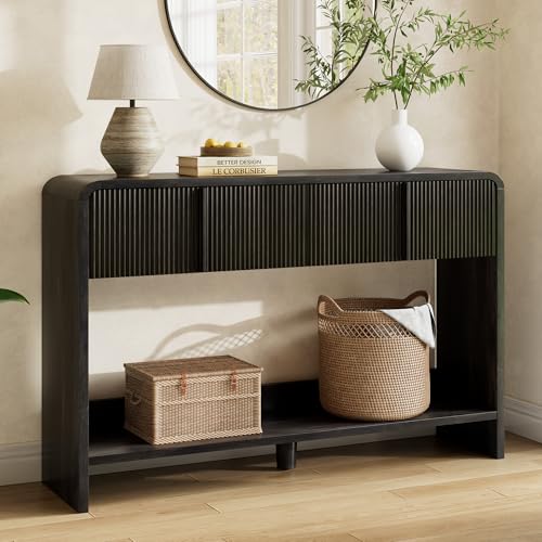 Image of AMERLIFE 45 inch Fluted Console Table with 2 Drawers and Open Shelf, Modern Entryway Table with Rounded Edges, Wood Sofa Table for Hallway, Foyer, Behind Couch, Living Room, Black