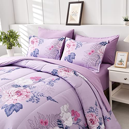 Dobuyly Purple Comforter Set Queen Size, 7 Pieces Bed In A Bag Purple Floral Butterfly Comforter Set With Sheets Set Soft Microfiber Botanical Bedding Set For All Season #TOP2