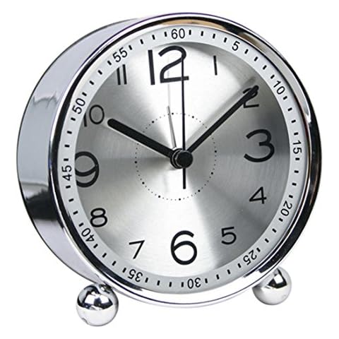 FenglinTech Alarm Clock, Desktop Silent Non Ticking Quality Battery Operated Alarm Clock Simple Style Metal Dial Clock - (Silver) Cover