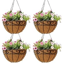 14 inch Metal Hanging Baskets For Plants Outdoor 4 Pack Round Metal Wire Hanging Basket Planter with Coco Fiber Liners Chain Round Wire Plant Holder for Garden, Patio, Deck, Porch Plants Flower Potss