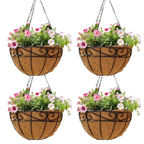 10 inch Metal Hanging Baskets For Plants Outdoor 4 Pack Round Metal Wire Hanging Basket Planter with Coco Fiber Liners Chain Round Wire Plant Holder for Garden, Patio, Deck, Porch Plants Flower Potsss