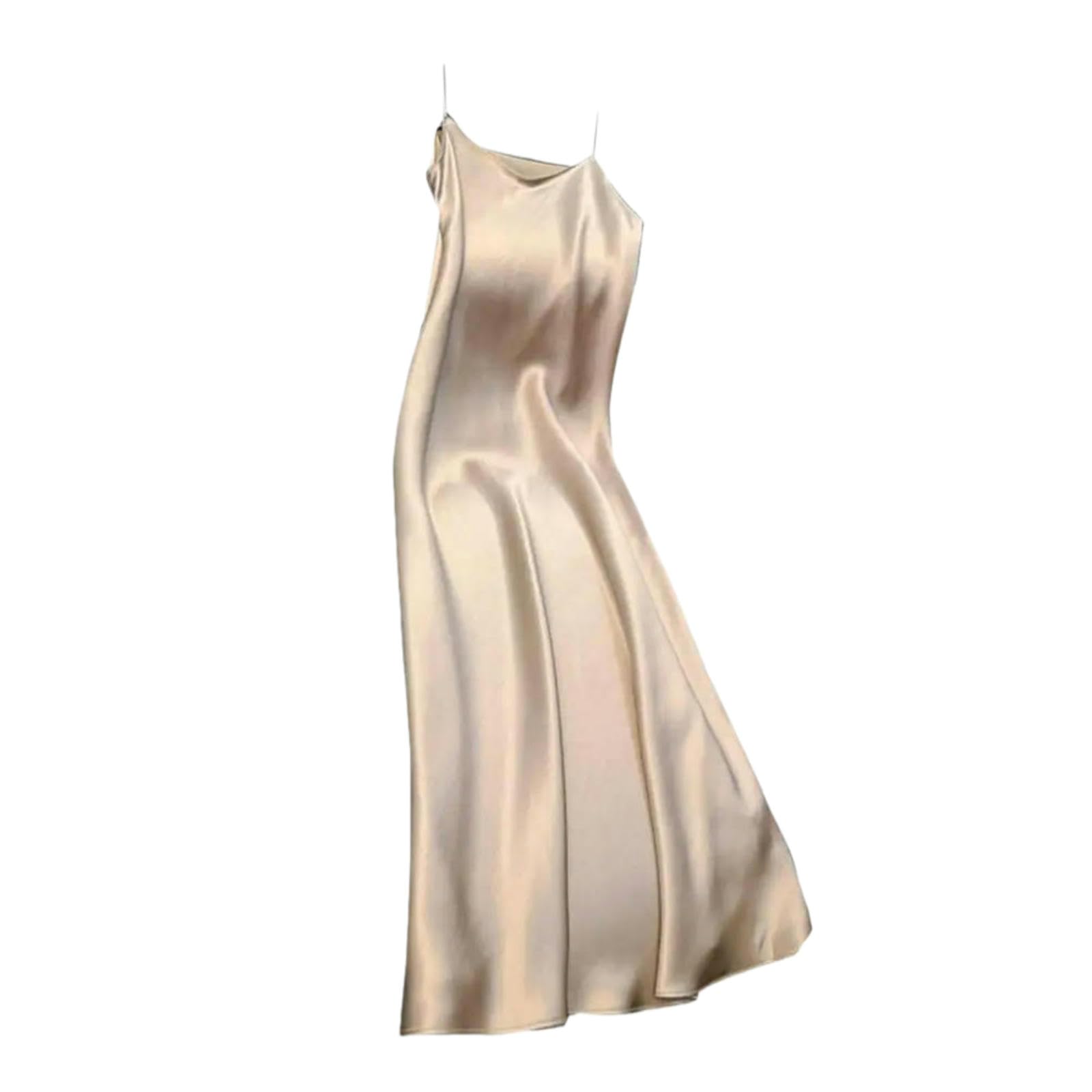 Abito Donna Lungo da in Satin con Scollo A V, Senza Maniche, Schienale, Lacci, Elegante Estivo Sera per Le Vacanze-Spumante-XL