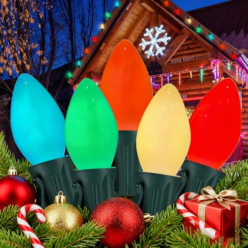 Abeja 25FT C7 Multicolor Light Outdoor, Vintage Christmas String Lights with 27 Multicolor Ceramic Bulbs (2 Spare), Hanging Christmas Lights for Outdoor Xmas Patio Wedding Party Garden Decor