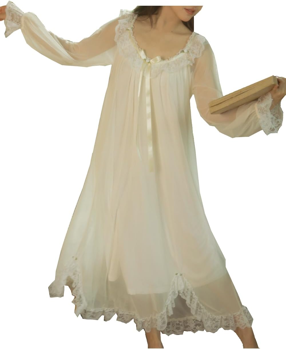 Womens Vintage Nightgown Princess Sleepwear Chemises Mesh Long Sleeve Lounger Pajamas Nightdress