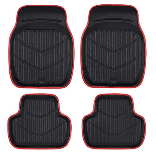Car Pass Luxury Faux Leather Universal Fit 3D Waterproof Car Floor Mats, Super Anti-Slip Saft For Suvs,Vans,Trucks,Pack Of 4,Durable,All Weather,Easy Clean (Black With Red, Medium Size) #TOP5