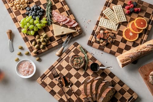 Image of THETCHRY Cutting Boards for Kitchen, Checkered Cutting Board Upgraded, Acacia Wood Chopping Board with Juice Grooves & Handles, Large Butcher Block Serving Tray with Gift Box, 17 inchX12 inchX0.8 inch
