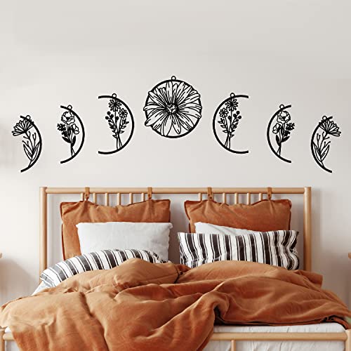 Image of Boho Moon Phase Metal Wall Art, Floral Moon Flower Metal Wall Decor for Bedroom, Living Room, Kitchen or Above Bed, Spiritual Bohemian Home Decoration and Unique Housewarming Gift in Black