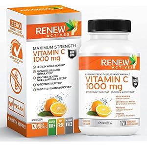 Renew Actives Maximum Strength Vitamin C 1000MG – Antioxidant & Immune Booster for Overall Health, Strong Bones, Teeth & Gums – Non-GMO, Sugar Free, 4-Month Supply (120 Vegan Capsules)