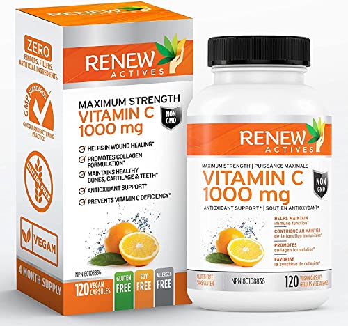 Renew Actives Maximum Strength Vitamin C 1000MG – Antioxidant & Immune Booster for Overall Health, Strong Bones, Teeth & Gums – Non-GMO, Sugar Free, 4-Month Supply (120 Vegan Capsules)