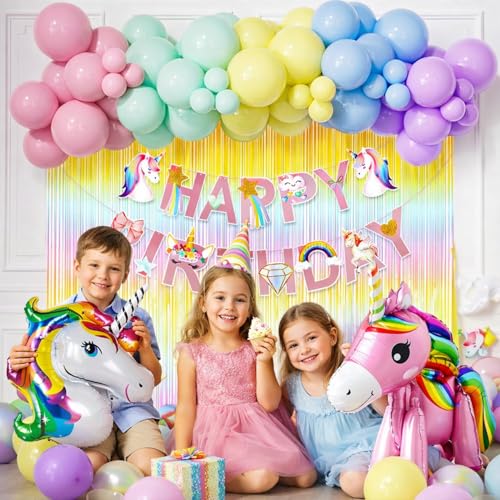 Image of Rozi Decoration Unicorn Theme Happy Birthday Decoration Kit with Foil Curtain & Pastel Balloons | Unicorn Foil Balloons with Paper Banner | Kids Birthday Party Decor Pack of 34 Pcs