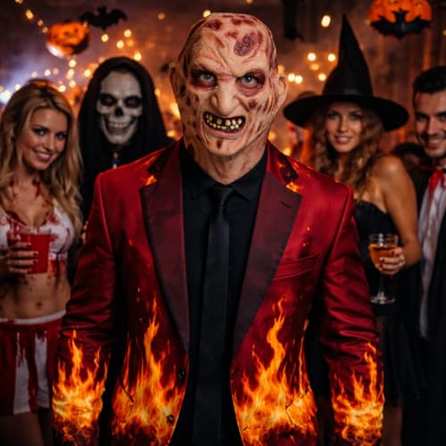 Image of WANNA PARTY Halloween Freddy Kruger Burnt Face Mask Horror Scary Monster Deluxe Evil Devil Mask for Adults A Nightmare On Elm Street for Scary Creepy Cosplay Party Costumes