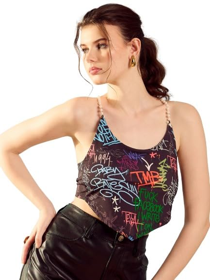 kassually Tops for Women Black Printed Pearl Strap Handkerchief Style Crop Top-picture-12