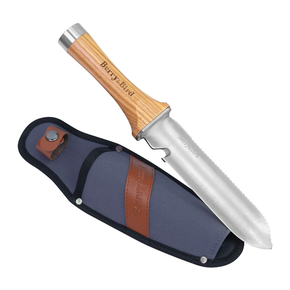 Berry&Bird Hori Hori - Cuchillo de jardín multiusos con hoja de acero inoxidable afilada de 17 cm de largo, doble filo y punta de acero inoxidable, con funda de lona, para jardinería, deshierbe, zanja