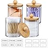4 Pack Qtip Holder Dispenser with Bamboo Lids - 10 oz Clear Plastic Apothecary Jar Containers for Vanity Makeup Organizer Storage - Bathroom Accessories Set for Cotton Swab, Ball, Pads, Floss #1