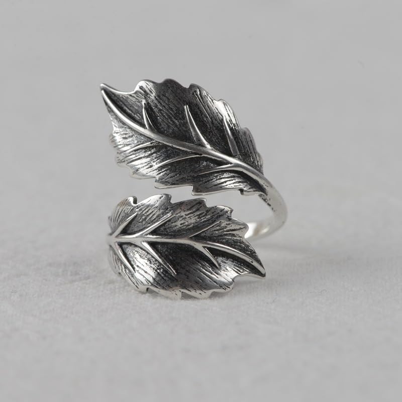 925 Sterling Silver Retro Domineering Vintage Craftsmanship Leaf Index Finger Ring Simple and Atmospheric Opening Adjustable Leaf Ring Jewelry-Making-Patterns