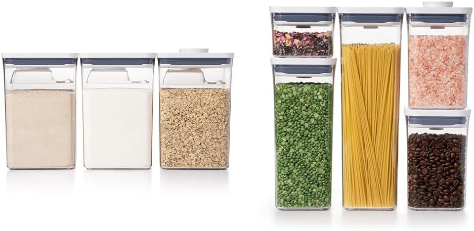 OXO Good Grips 6 Piece Large Canister Set with Scoops, 4.4 qt each, White & Good Grips 5-Piece POP Container Set