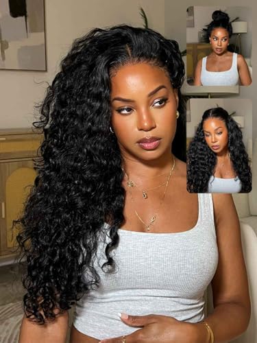 Beauty Forever Zero-Slip Water Wave Human Hair Wig, 7x5 HD Bye Bye Knots Glueless Lace with Drawstring, Pre Cut Pre Plucked Bleached Knots Wear & Go Deep Stretch Cap18inch