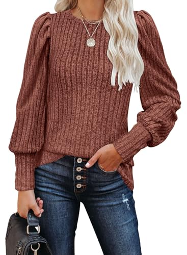 Image of MIHOLL Women's Puff Long Sleeve Shirts Casual Knit Blouses Crew Neck Elegant Tunic Tops