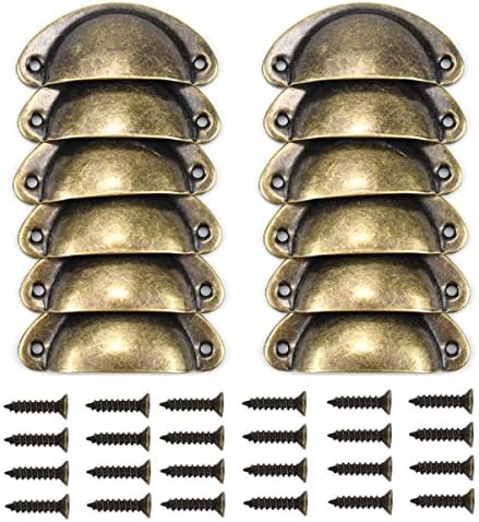 NiceLand 12 Pieces Antique Brass Cabinet Handles Door Handles Vintage Kitchen Cupboard Handles Copper Cup Drawer Handles Shell Pull Furniture Knobs Hardware with Screws