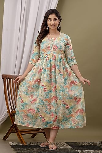 Image of Maternity Feeding Kurti for Women | Cotton Blend Anarkali Dress with Nursing Zip for Pre & Post Pregnancy