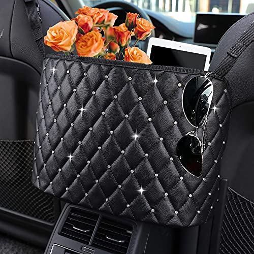 Car Seat Handbag Holder Pocket - Leather Storage Net Pocket with Diamond Bling Handbag Holder Between Car Seat Black Car Organizer for Purse Handbag Phone Tablet