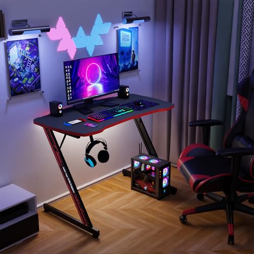 39 Inch Gaming Desk Ergonomic Home Office Desk Z-Shaped Computer Desk PC Workstation Modern Simple Study Table w/Headphone Hook Adjustable Leveling Foot Spacious Desktop,(Red) - Image 3