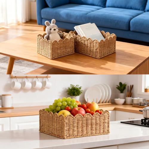 Scalloped Basket, Wicker Storage Baskets, Hand Woven Baskets for Shelves,Natural Baskets for Organizing (M-14" L x 10.5" W x 6" H) by Quincry - Used condition - Image 8