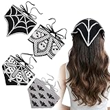 JATEBI 4 Pcs Skull Headbands Bat Crochet Bandanas Headband Spiderweb Gothic Head Scarf Knitted Triangle Hairband Halloween Hair Styling Accessories for Women