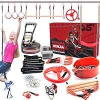 Fofana Ninja Warrior Obstacle Course for Kids Outside 65 FT - Ninja Slider Included - Largest 11 Ninja Course Obstacles - Climbing Ladder, Spinning Wheel, Gym Ring