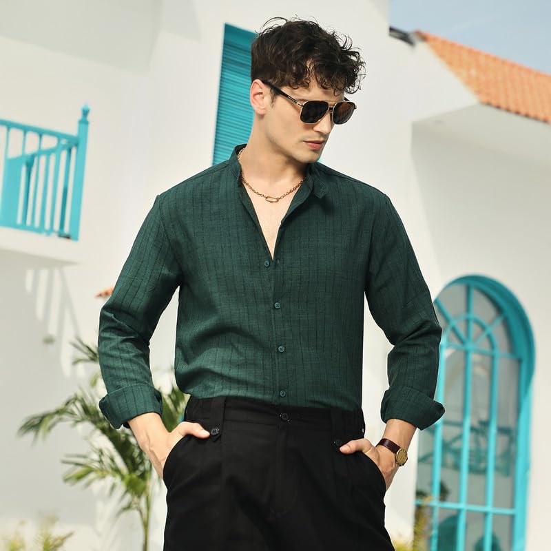 Image of CAHOOT Men Emerald Green Pinstriped Tactile Shirt for Casual Wear Mandarin Collar Long Cuffed Sleeves Button Closure Crafted with Comfort Fit Everyday