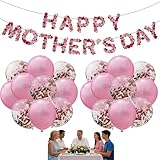 WUERKIYA Kit de Decoración para el Día de la Madre con Pancarta Floral “Feliz Día de la Madre”, 20 Globos Rosa y Oro Rosa, Decoración de Fiesta para Brunch, Sorpresa Familiar y Celebración Especial