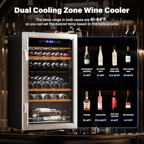 Image of ROVSUN 33 Bottle Wine Fridge, Dual Zone Wine and Beverage Refrigerator with Independent Temp Control & LED Control Panel, Freestanding Wine Cooler Chiller for Red White Wine, Champagne, Beer
