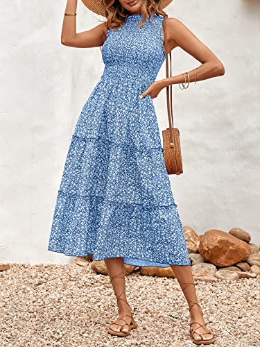Solersun Women's 2023 Summer Sleeveless Smocked Dress Boho Floral Ruffle Tiered Swing Flowy A Line Beach Party Midi Sundresses Blue L #TOP3