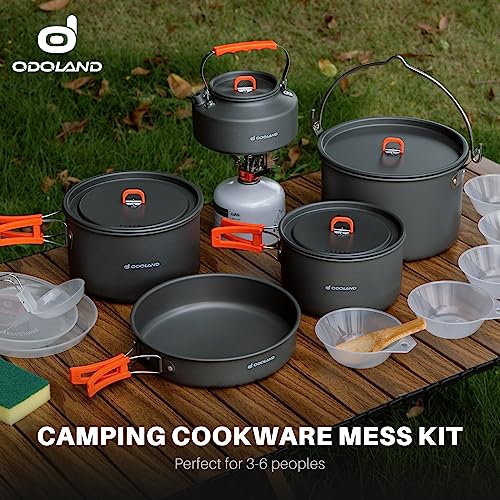 Odoland 18pcs Camping Cookware Large Size Hanging Pot Pan Kettle Set with Plastic Plates Bowls Soup Spoon for Camping, Backpacking, Outdoor Cooking and Picnic - Image 7
