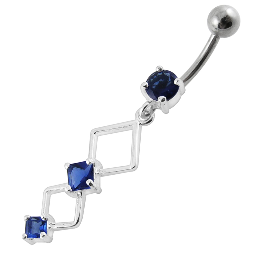 CZ Crystal Gemstone Stylish Multi Square Joined Dangling 925 Sterling Silver Belly Ring Body Jewelry