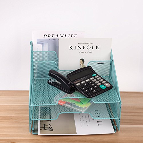 Vanra Metal Mesh Desktop File Sorter Organizer Desk Tray Organize With 3 Letter Trays And 2 Vertical Upright Sections, Turquoise Green #TOP3