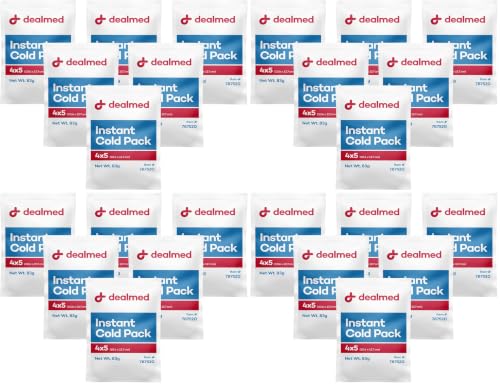 Image of Dealmed Instant Cold Pack - Pack of 24, 4 inch x 5 inch Disposable Cold Packs for Injuries, Swelling, Sprains, Muscle Soreness and More, No Refrigeration Single Squeeze Activation