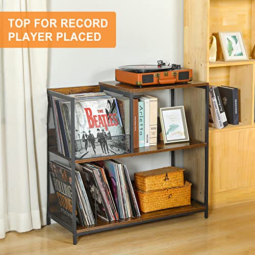 3 Tier Record Player Stand Holds Up To 250 Albums With 4 Adjustable Divider For Turntable Stand, Large Vintage Record Player Table With Vinyl Record Holder Cabinet For Living Room, Bedroom, Office #TOP4