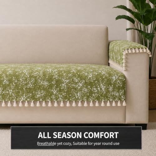 Image of STITCHNEST Woven Fabric Sofa Cover 3 Seater with 2 Hand Rest Covers - Washable Green Sofa Cover with Tassels - Durable Premium Fabric - Stylish Sofa Protector for Living Room & Furniture Decor