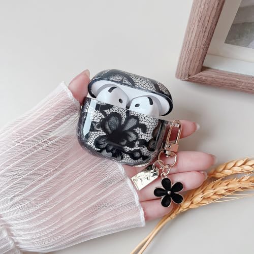 Image of MINSCOSE for AirPods 4 Clear Case,Cute Lace Flower Pattern Design with Trendy Keychain,Soft TPU Protective Shockproof Cover with Cleaner Kit for Girls Women for AirPods 4-Black