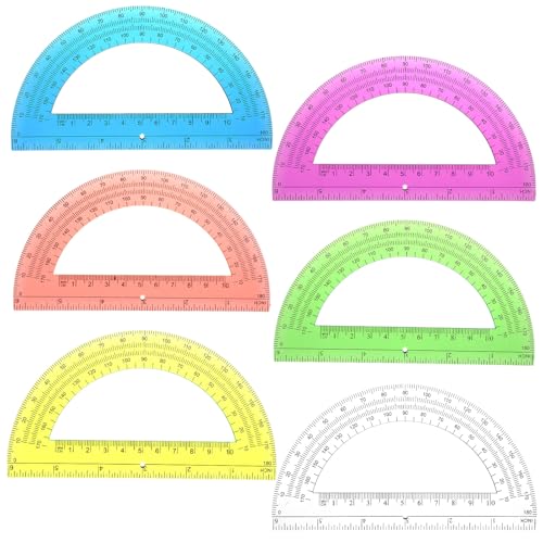 6 Pack Plastic Protractors, 6 Inch Math Protractor Set for Angle Measurement, Translucent Protractors 180 Degrees, Geometry (Yellow, Green, Blue, Orange, Purple, Transparent)
