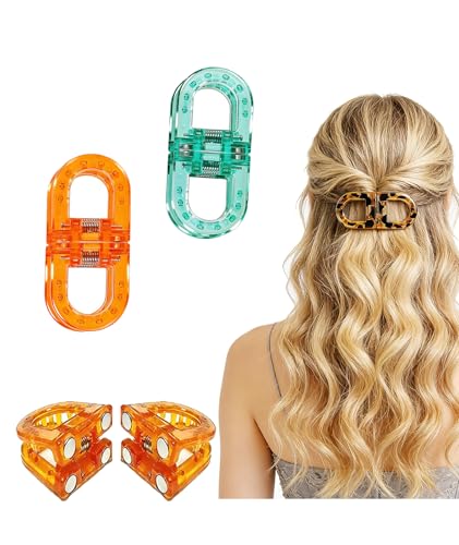 Image of 2 Pcs Hair Clutchers for Women, Magnetic Hair Clip, 2-in-1 Section Clips for Hair Styling, Daily Use and Professional Salon Clutcher Hair Accessories, Black Brown Print Hair Claw Clips (Orange and Blue)