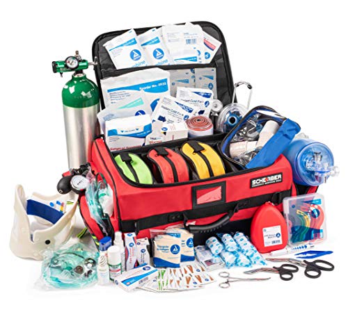 Scherber First Responder Bag | Fully Stocked Ultimate Professional EMT EMS Trauma Kit | Reflective Bag w 10+ Compartments, Zippered Pockets, Dividers, Oxygen Access & 250+ First Aid Supplies - Red