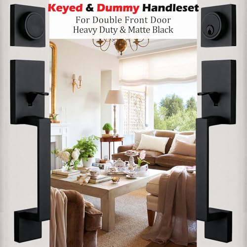 Image of NEWBANG Front Double Door Traditional Style Keyed Entry Door Handleset with Lever Handle in Matte Black,(Keyed and Dummy Set),MDHST2010DB-SET-BR-TMC