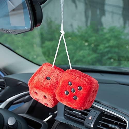 Image of 2.95'' Retro Fuzzy Plush Dice Car Charm Square Rear View Mirror Hanging Ornament Accessories, Red