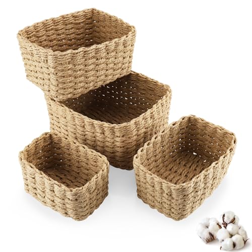 Foymlon 4 PCS Cestas Almacenaje Baño, Cestas Organizadoras Apilables, Cesta Mimbre Almacenaje Utilizar para Recoger Ropa, Juguetes y Cosméticos, para Cocinas, Dormitorios, Salas de Estar ﻿