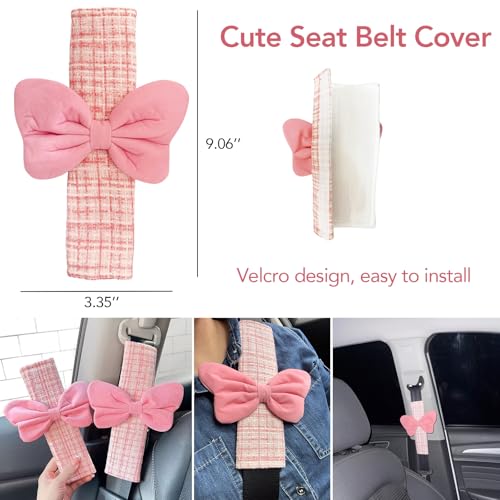 Image of 5PCS Pink Bow Car Accessories Set for Women, Cute Adhesive Pink Bow for Exterior, 2 Seat Belt Cover Pads & 2 Handle Covers, Soft Girly Car Interior Decor Gift for Teens & Girls