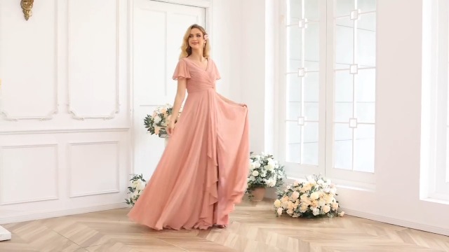 flowy bridesmaids dresses ZAPAKA Women Light Green Cold Shoulder Bridesmaid Dress A-Line Detachable Sleeves Chiffon Long Wedding Party Dress, Dusty Blue / US14